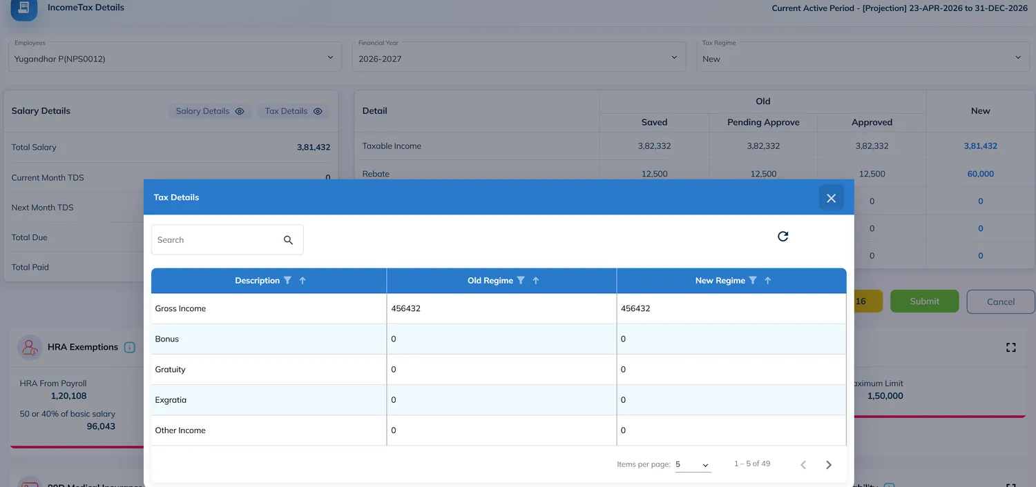 247HRM statutory compliance dashboard showing PF, ESI and tax details